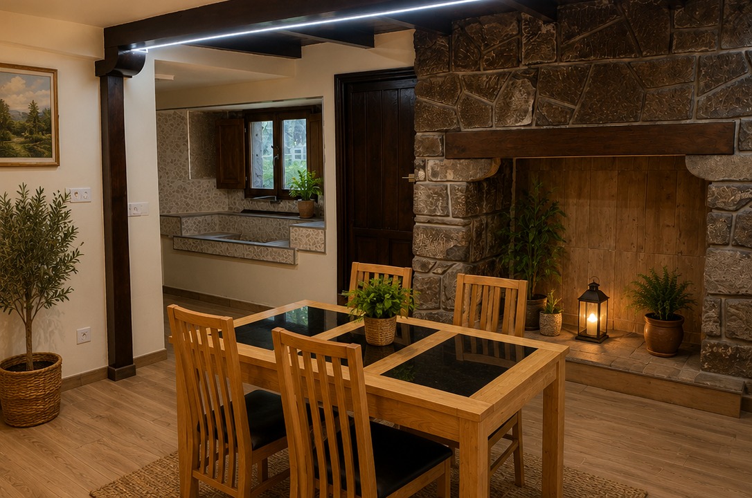 Small dining room with monumental traditional Galician stone chimney