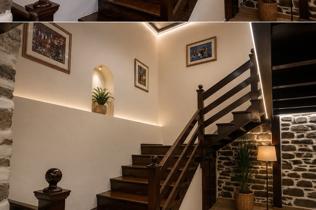 Timber staircase and stonework